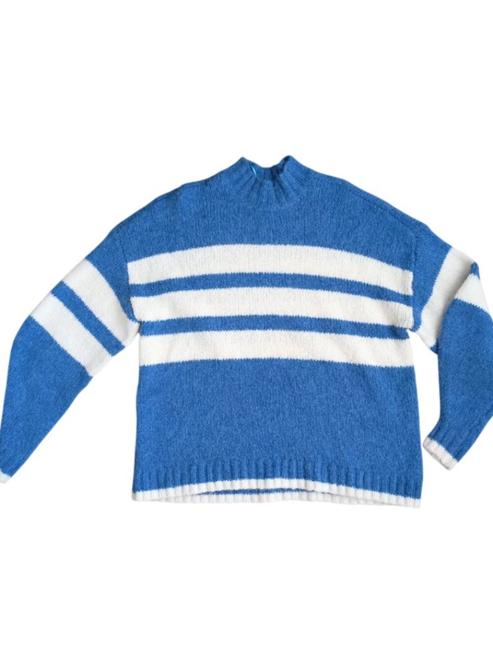 Pistola Carlen Blue White Striped Mock Neck Sweater - Fuzzy Knit Top, Size XS